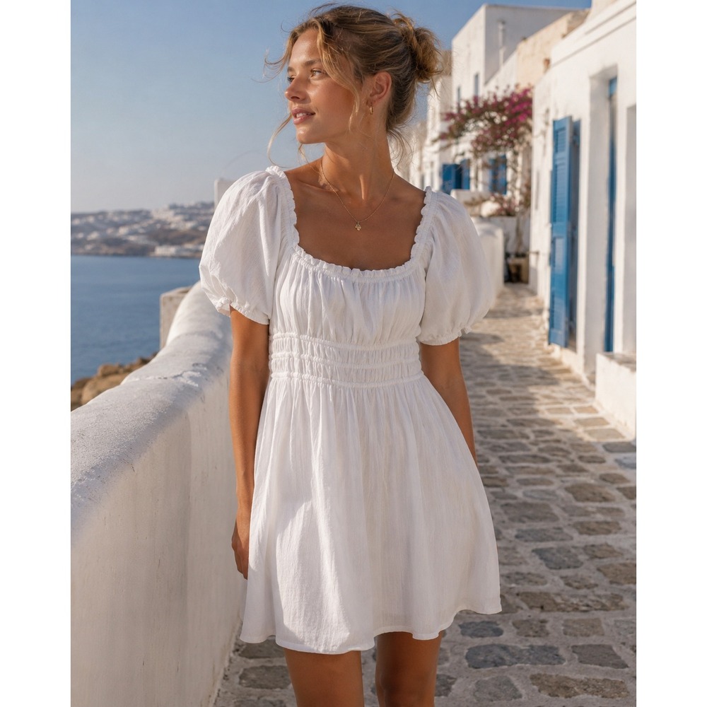 BP. White Cotton Puff Sleeve Smocked Mini Dress Cottagecore Milkmaid Puff Size S
